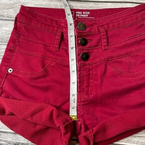 NoBo Mid Rise Skinny Cutoff Cut Off Cuffed Jean Shorts Deep Dark Red 1 Buttons - Picture 8 of 9